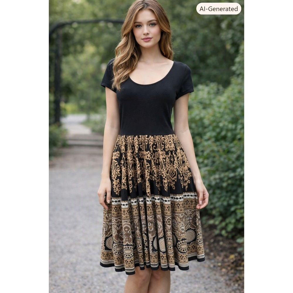 Coldwater Creek Dress Womens 8P Midi Batik Pleated Skirt Scoop Neck Hippie Boho